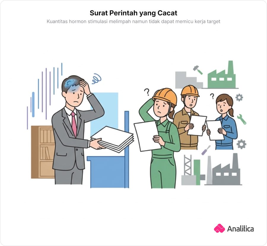Ilustrasi analogi manajer kantor yang membagikan tumpukan kertas surat kosong kepada staf lapangan yang tampak kebingungan