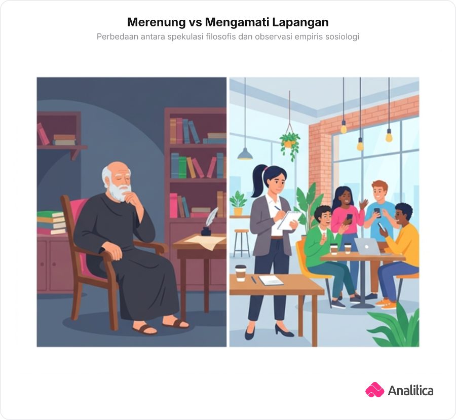 Ilustrasi kontras antara seorang filsuf yang merenung dengan mata tertutup dan seorang sosiolog yang mencatat observasi lapangan di kafe.
