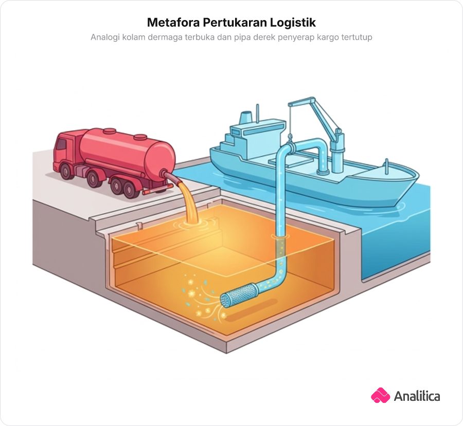 Ilustrasi konseptual metafora sistem pelabuhan kargo yang merepresentasikan sirkulasi tertutup plasenta.