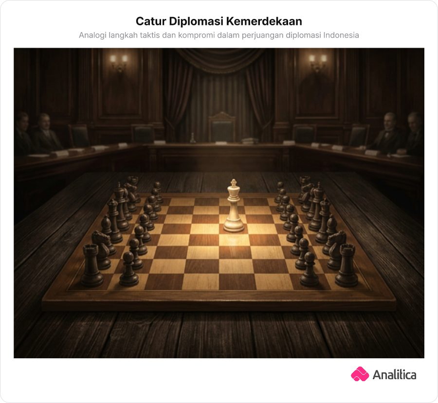Ilustrasi papan catur perundingan diplomasi kemerdekaan.