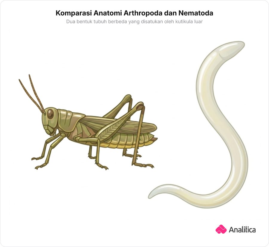 Ilustrasi perbandingan morfologi antara serangga bertubuh ruas dengan cacing gilik bertubuh polos silindris
