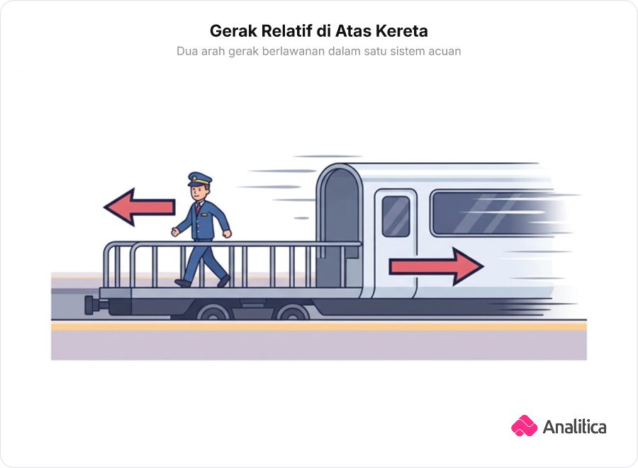 Ilustrasi seorang petugas berjalan mundur di atas lantai kereta terbuka yang melaju kencang ke arah berlawanan.