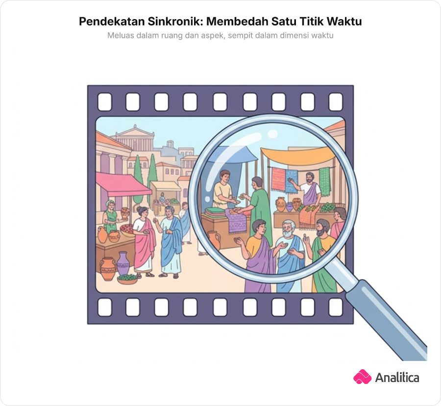 Ilustrasi freeze frame atau foto diam dari satu momen sejarah yang diamati menggunakan kaca pembesar secara mendalam