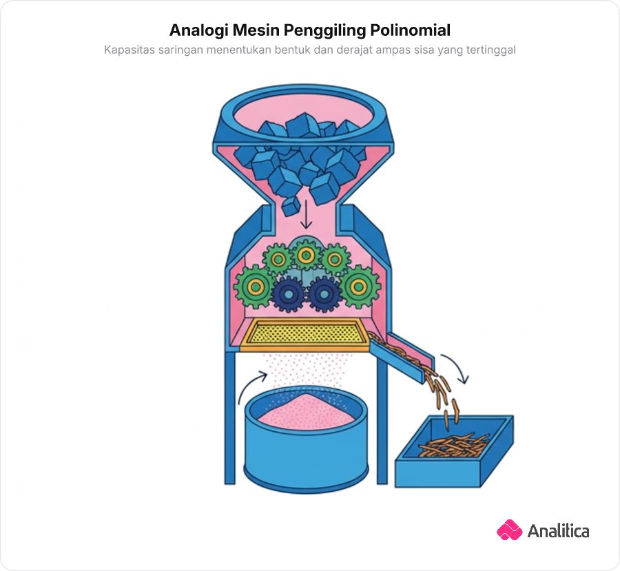 Ilustrasi konseptual mesin penggiling mekanis yang menyaring polinomial dan mengeluarkan sisa berderajat lebih rendah