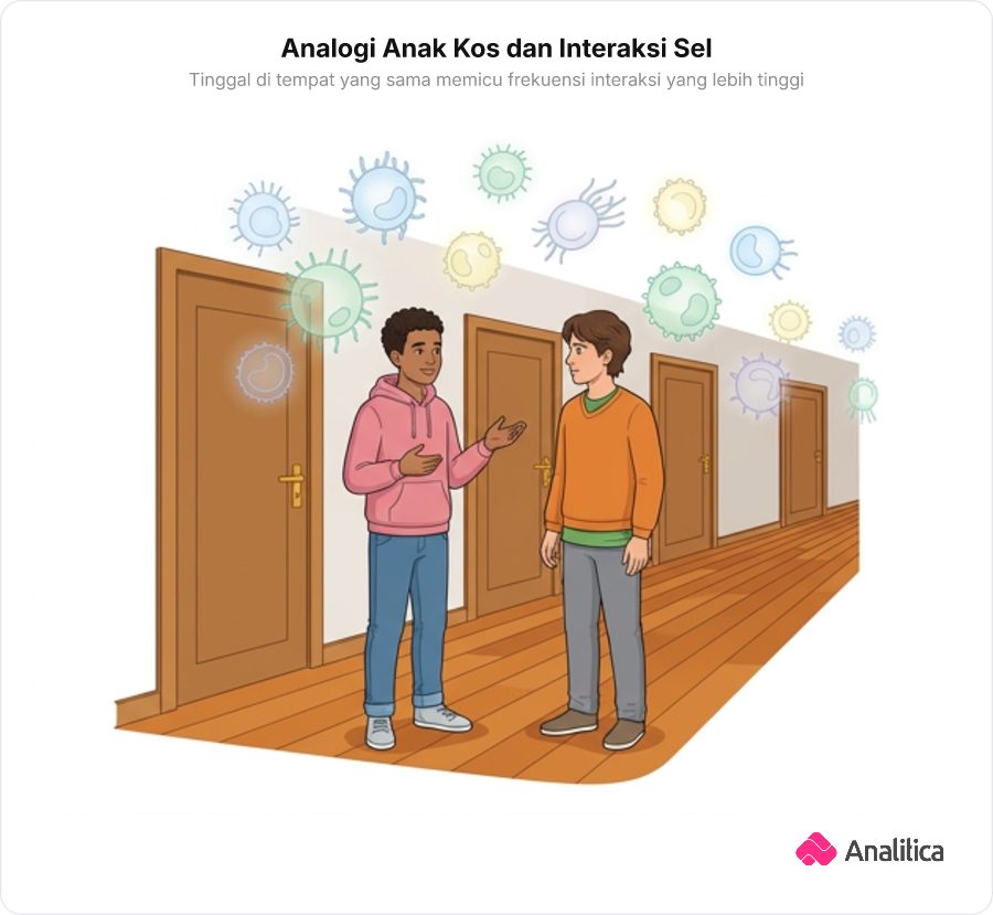 Dua mahasiswa sedang mengobrol akrab di koridor rumah kos dengan siluet bentuk sel mikroskopis di sekelilingnya