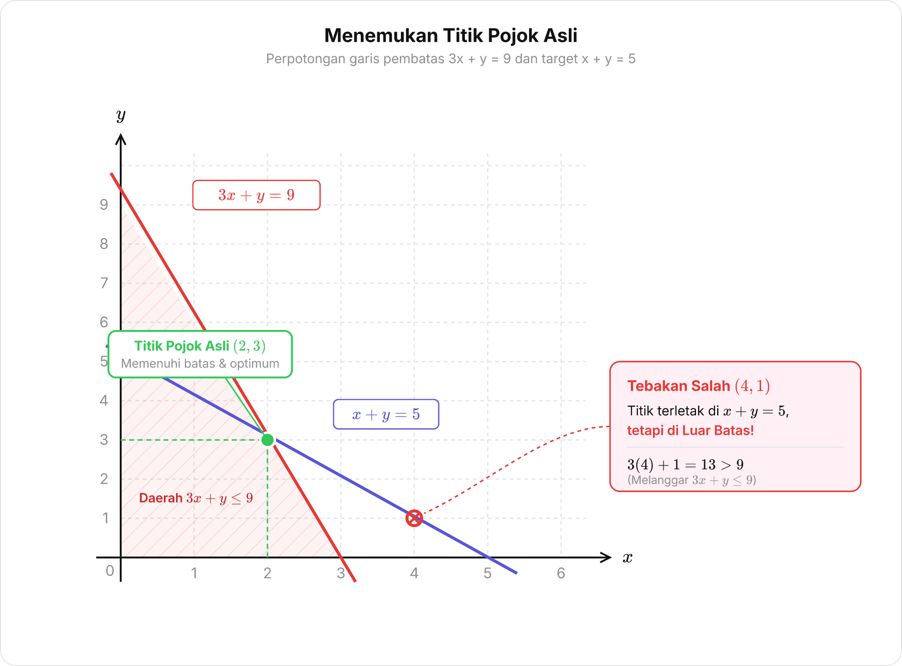 Grafik Cartesius perpotongan garis 3x + y = 9 dan garis x + y = 5 di titik 2, 3 serta titik tebakan salah 4, 1 di luar batas
