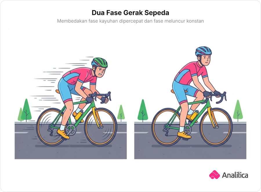 Ilustrasi seorang pesepeda dalam dua fase kayuhan: menggenjot keras lalu meluncur santai.