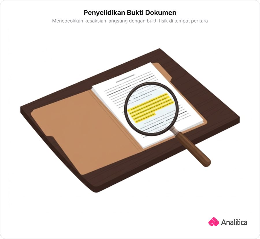 Kaca pembesar menyorot baris teks pada lembar berkas penyelidikan seperti detektif memeriksa bukti dokumen fisik.