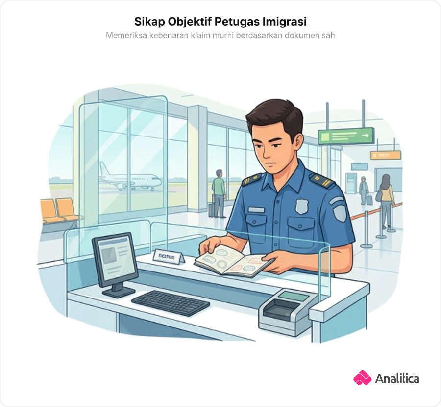 Ilustrasi petugas imigrasi bandara sedang memeriksa buku paspor dengan teliti dan cermat.