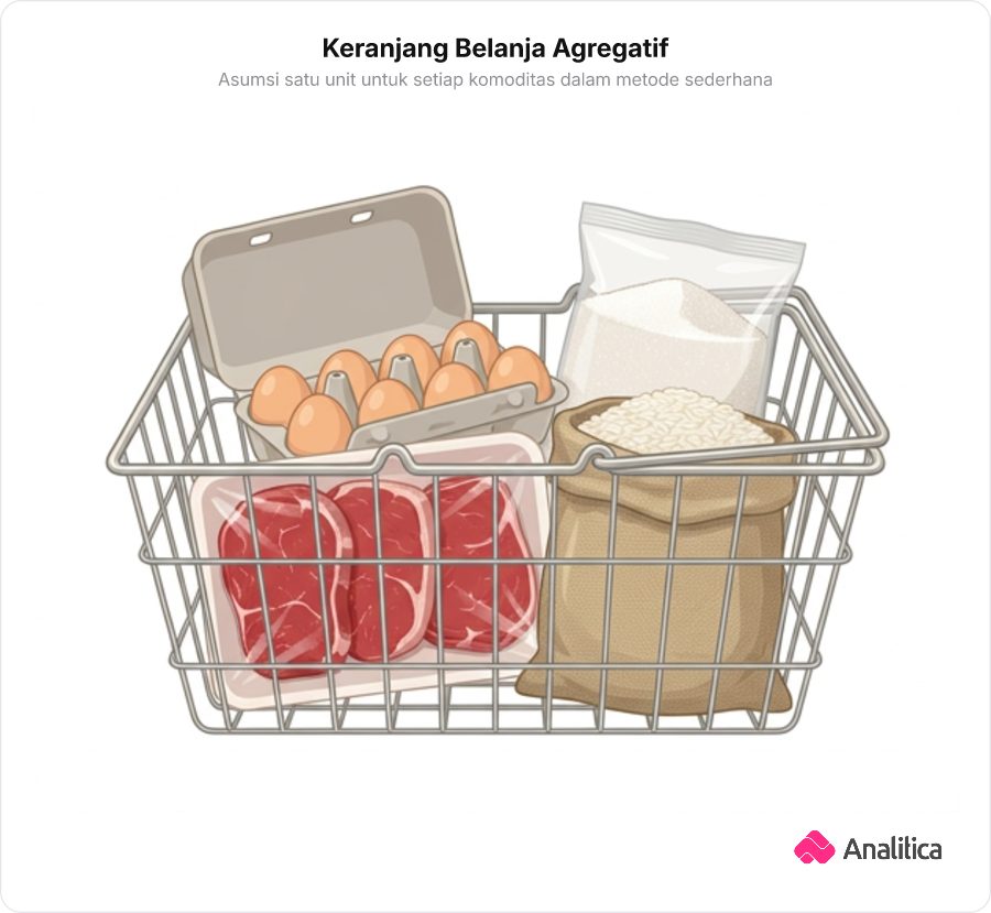Ilustrasi keranjang belanja swalayan berisi empat komoditas pangan pokok dengan porsi setara satu unit tanpa label teks.