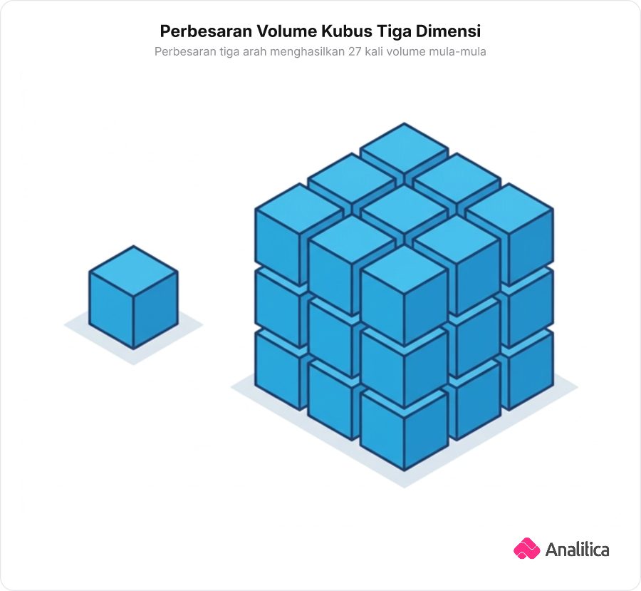 Ilustrasi kubus satuan kecil di sebelah kubus besar berukuran 3x3x3 yang tersusun dari 27 kubus kecil.
