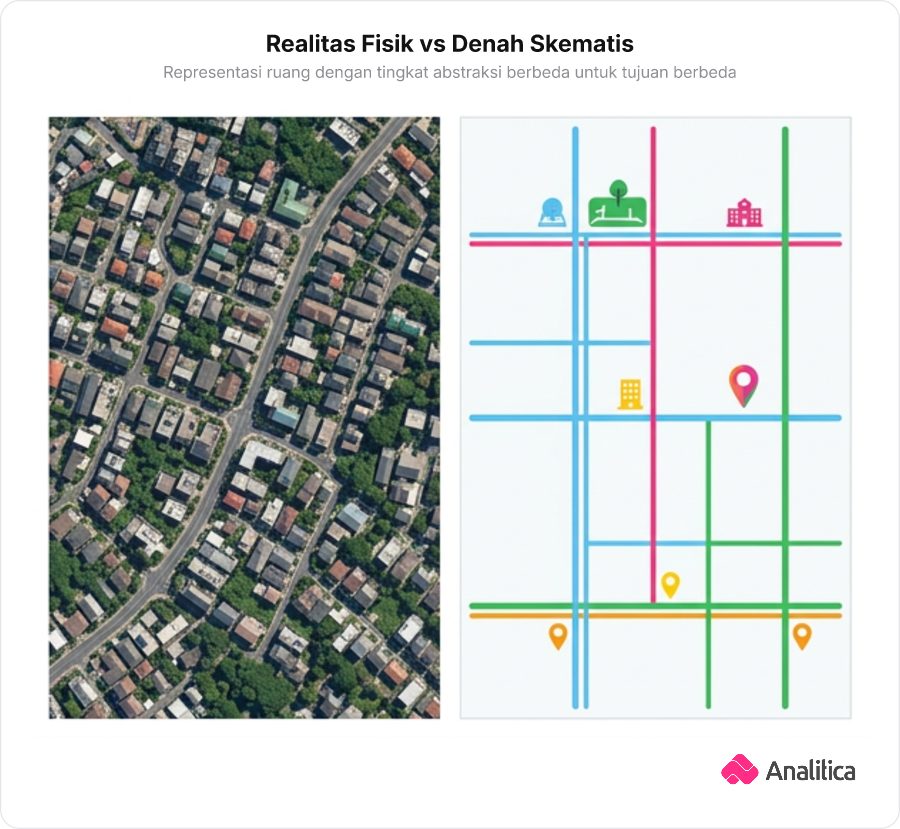 Perbandingan berdampingan antara citra satelit area perkotaan yang rumit dan sketsa denah rute sederhana yang menonjolkan persimpangan utama.