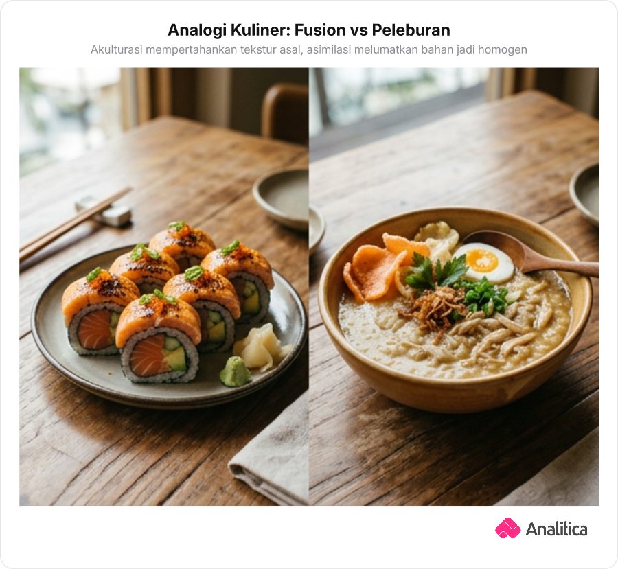 Ilustrasi hidangan sushi mentai modern bersanding dengan semangkuk bubur ayam tradisional.