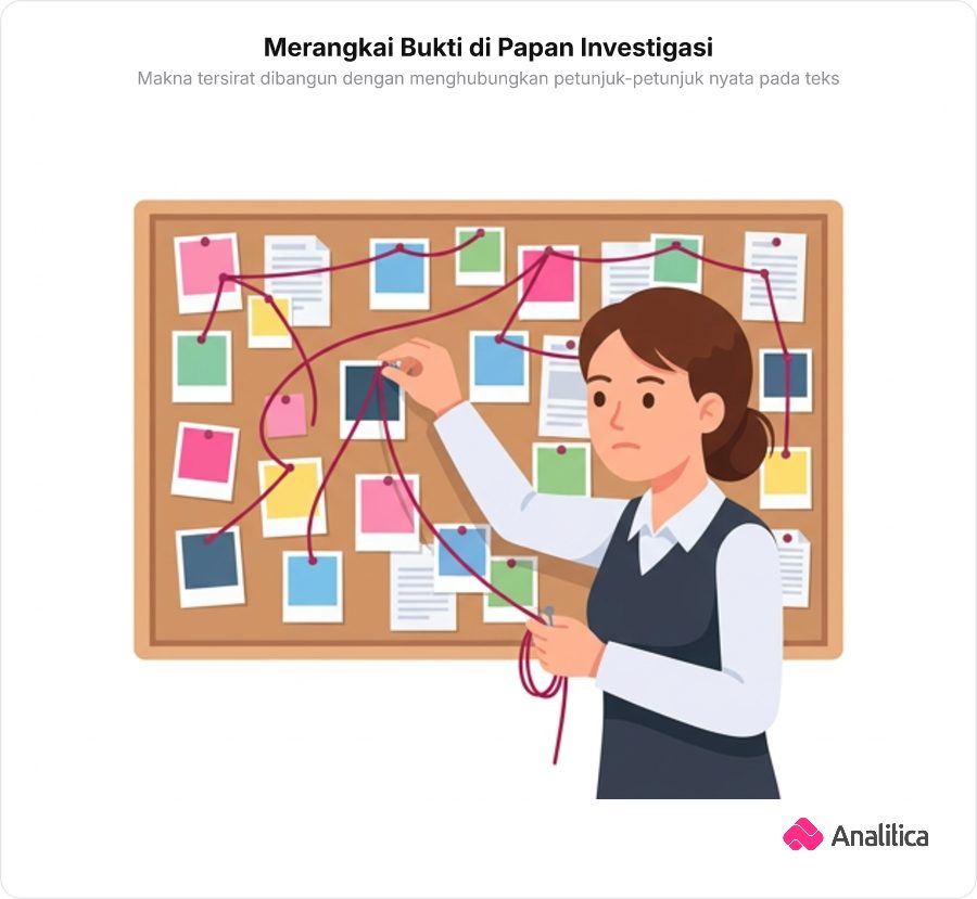 Detektif sedang menghubungkan beberapa foto bukti di papan gabus investigasi menggunakan benang merah