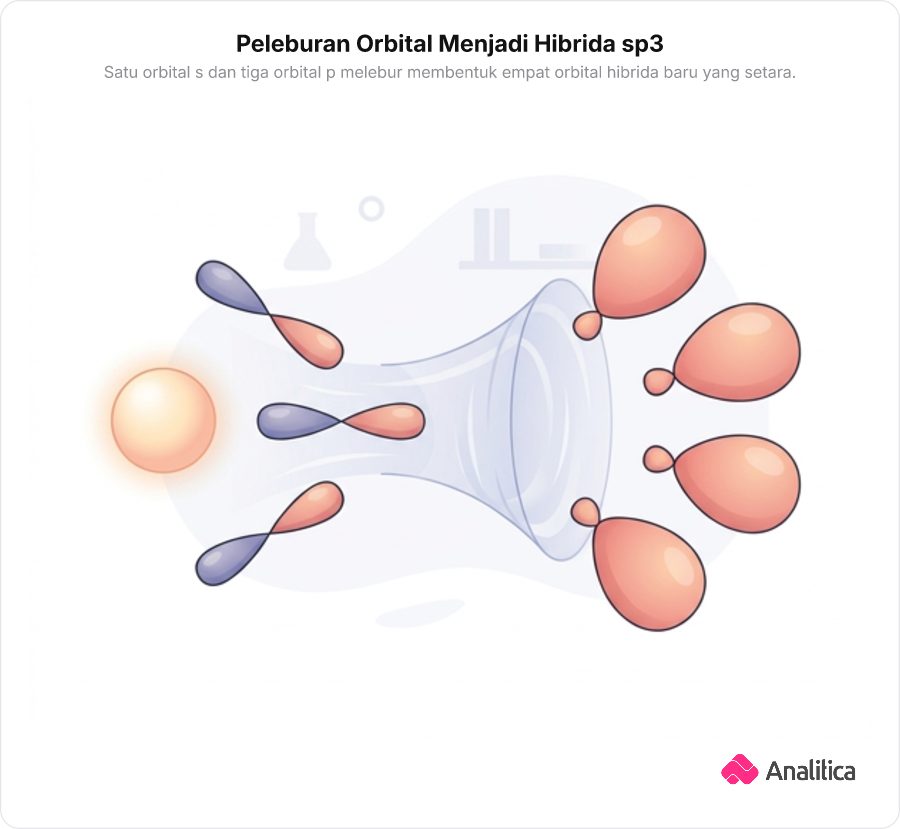 Ilustrasi konseptual penggabungan satu orbital s bulat dan tiga orbital p memanjang menjadi empat orbital hibrida sp3 identik.