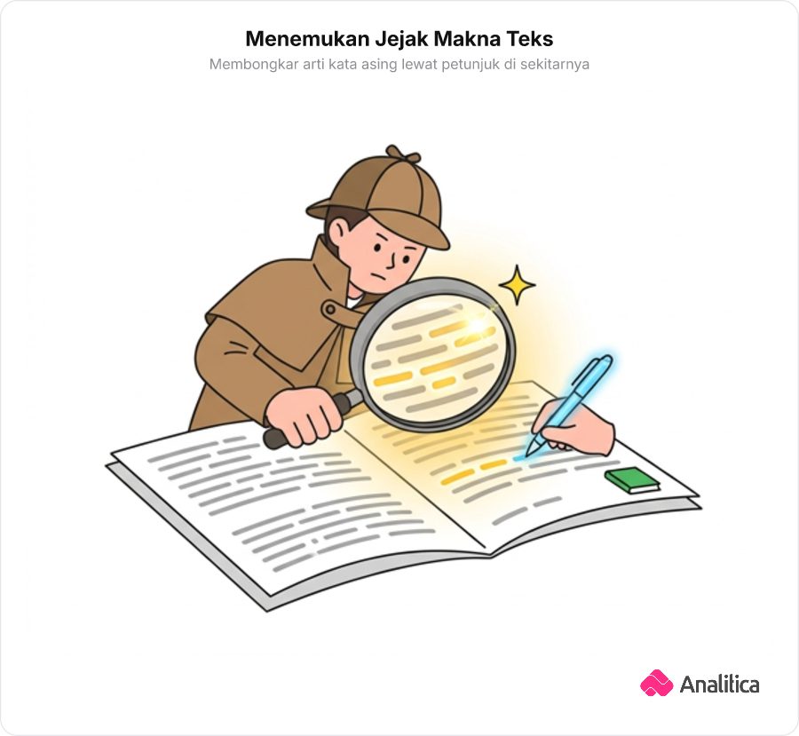 Seseorang meneliti barisan teks dengan kaca pembesar yang menyorot kata-kata petunjuk yang berpendar.