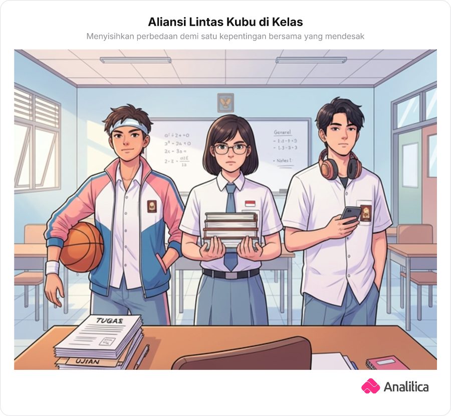 Ilustrasi komik tiga kelompok siswa berbeda gaya berdiri kompak menghadap meja guru untuk bernegosiasi.