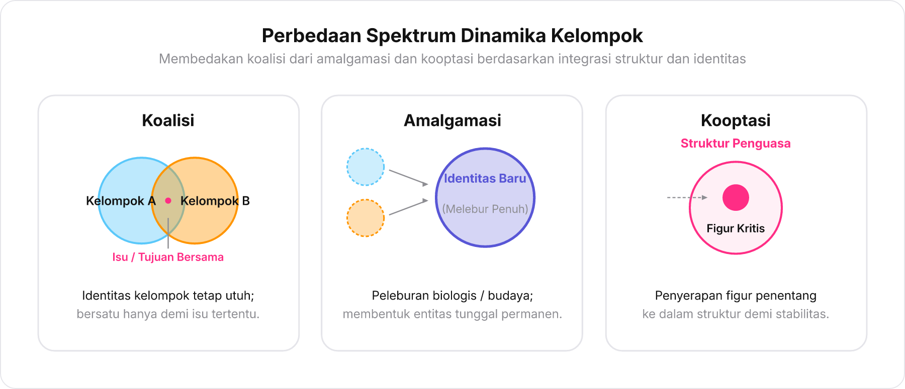 Diagram perbandingan tiga model interaksi kelompok sosial: Koalisi, Amalgamasi, dan Kooptasi.