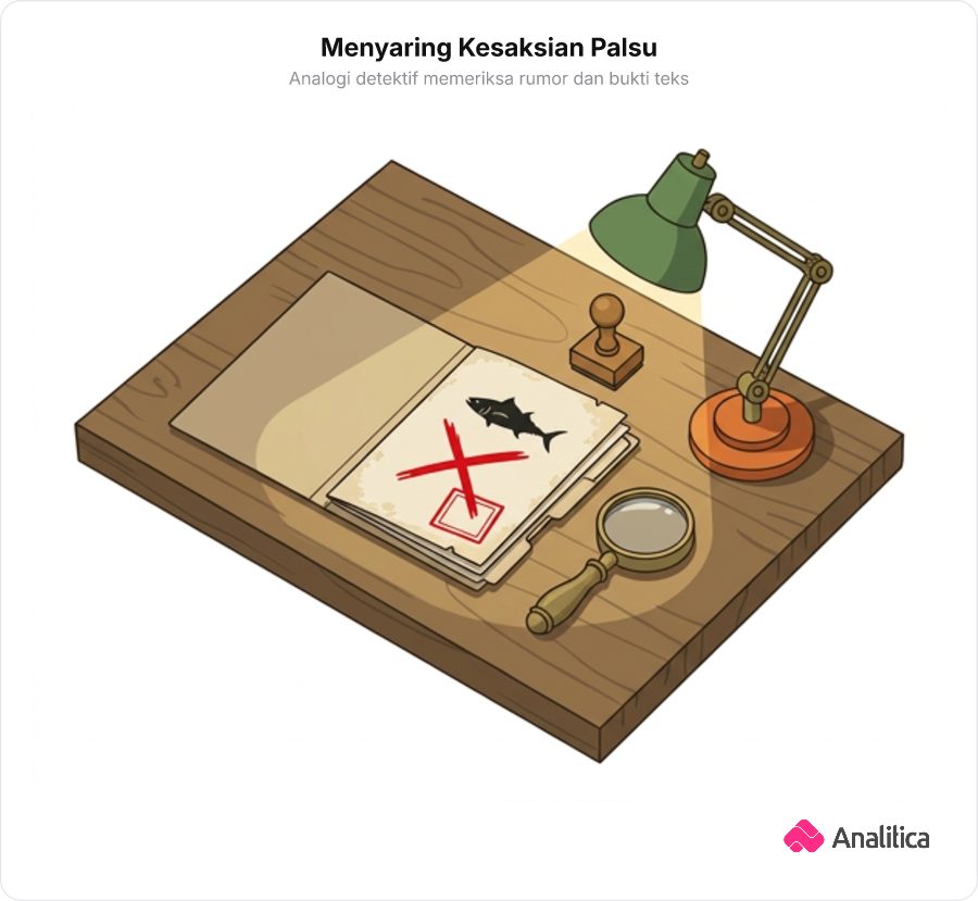 Ilustrasi detektif meneliti dokumen dengan cap merah pembatalan pada kata-kata mutlak.