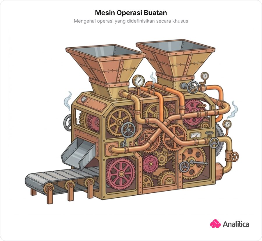 Ilustrasi mesin bergaya industrial steampunk dengan dua corong masukan berlabel variabel dan bodi mesin besar yang rumit.