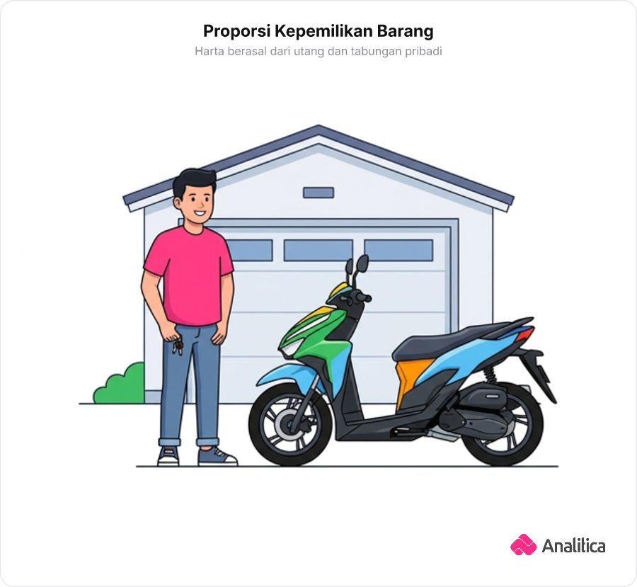 Ilustrasi seseorang di dekat sepeda motor baru yang menggambarkan kepemilikan aset dari uang tabungan dan pinjaman