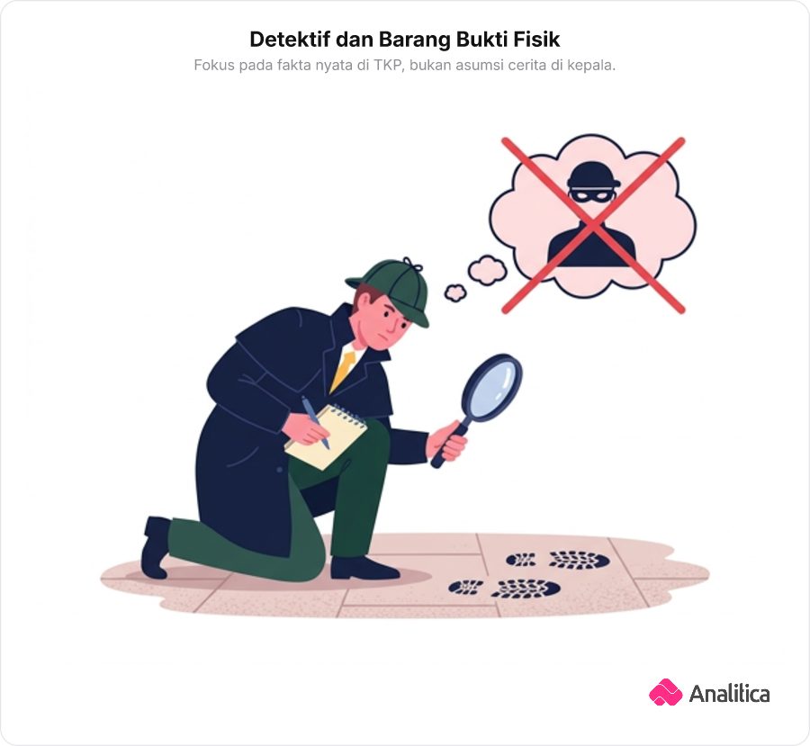 Seorang detektif mencocokkan jejak tapak sepatu dengan buku catatan laporannya, sementara bayangan spekulasi di atasnya disilang merah.