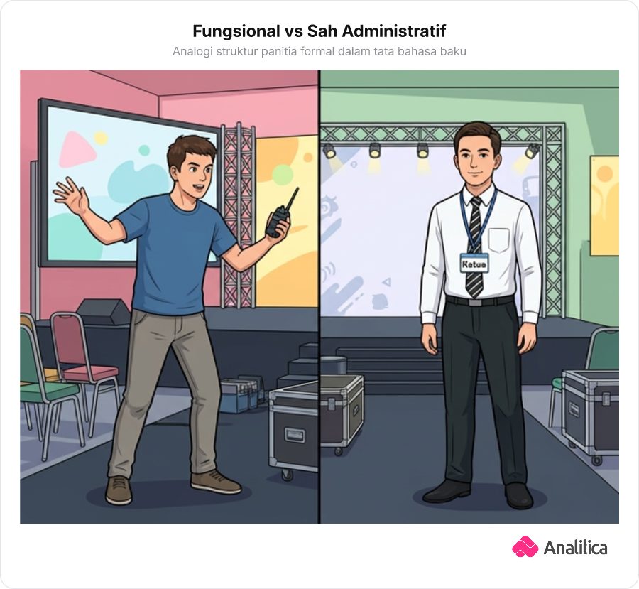 Ilustrasi kontras antara petugas kasual dan panitia berseragam resmi dengan kartu tanda pengenal Ketua