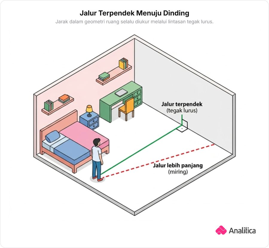 Ilustrasi seseorang di sudut kamar berdiri di lantai melihat ke dinding seberang, membandingkan jalur lurus terpendek tegak lurus dengan jalur miring.