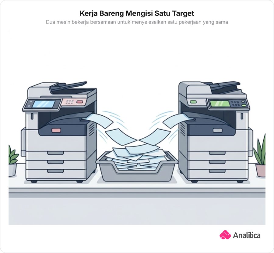 Dua mesin fotokopi modern bekerja berdampingan mengeluarkan tumpukan kertas ke satu wadah yang sama.