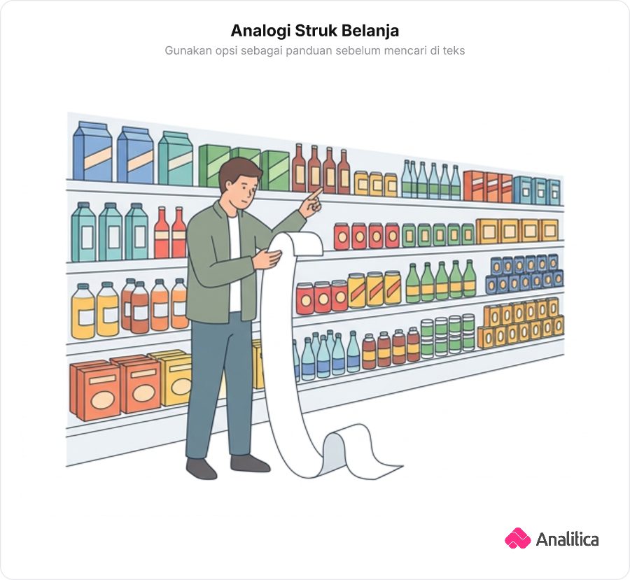 Seseorang memegang struk belanja sambil menunjuk rak barang di swalayan.