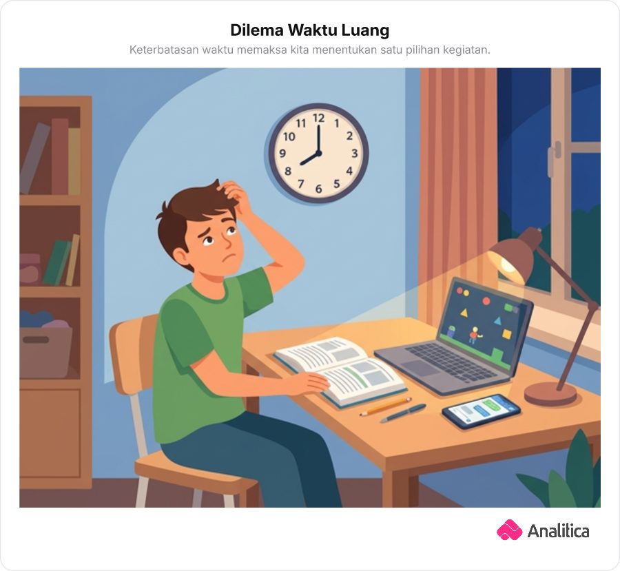 Remaja sedang menatap jam dinding kamar pada pukul 8 malam sambil memikirkan pilihan aktivitas.
