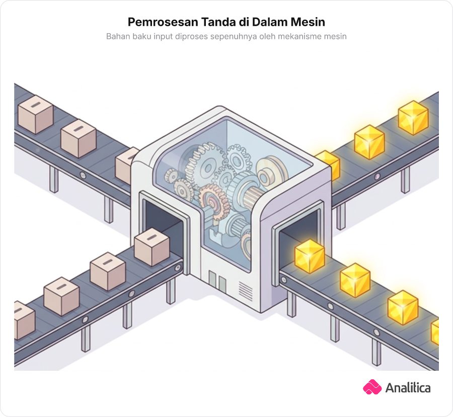 Ilustrasi mesin pabrik yang memproses bahan baku berlabel negatif dan menghasilkan produk yang sama dengan bahan baku positif.