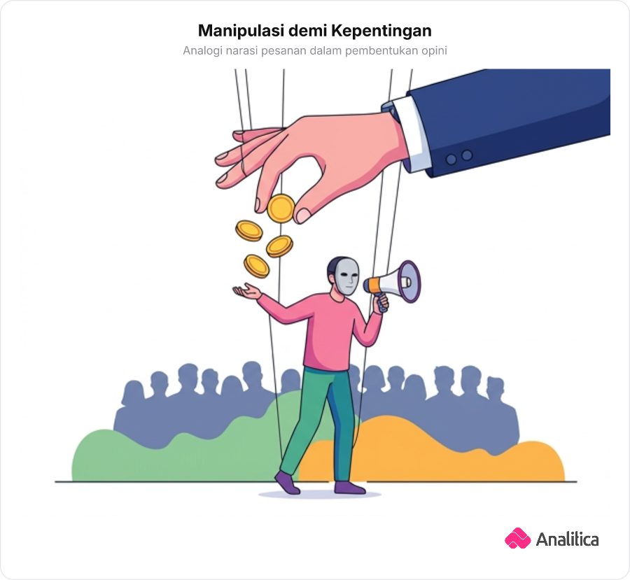 Ilustrasi seseorang memegang megafon yang dikendalikan oleh tangan dari atas dengan koin emas