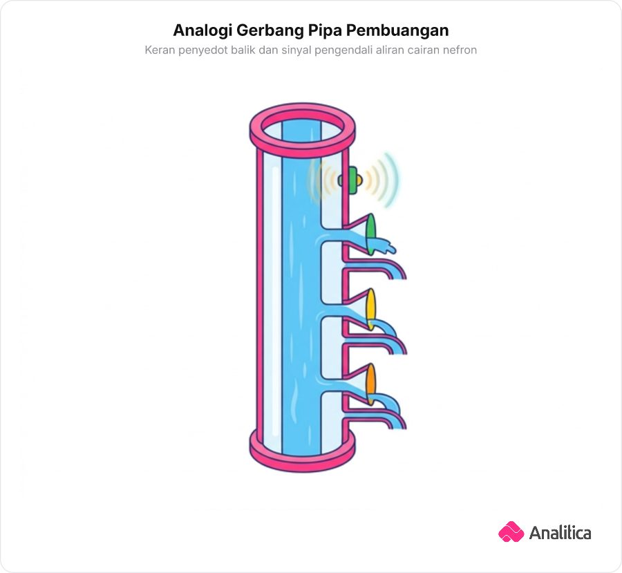 Ilustrasi analogi sistem perpipaan dengan gerbang penyedot air otomatis dan pemancar sinyal pengendali