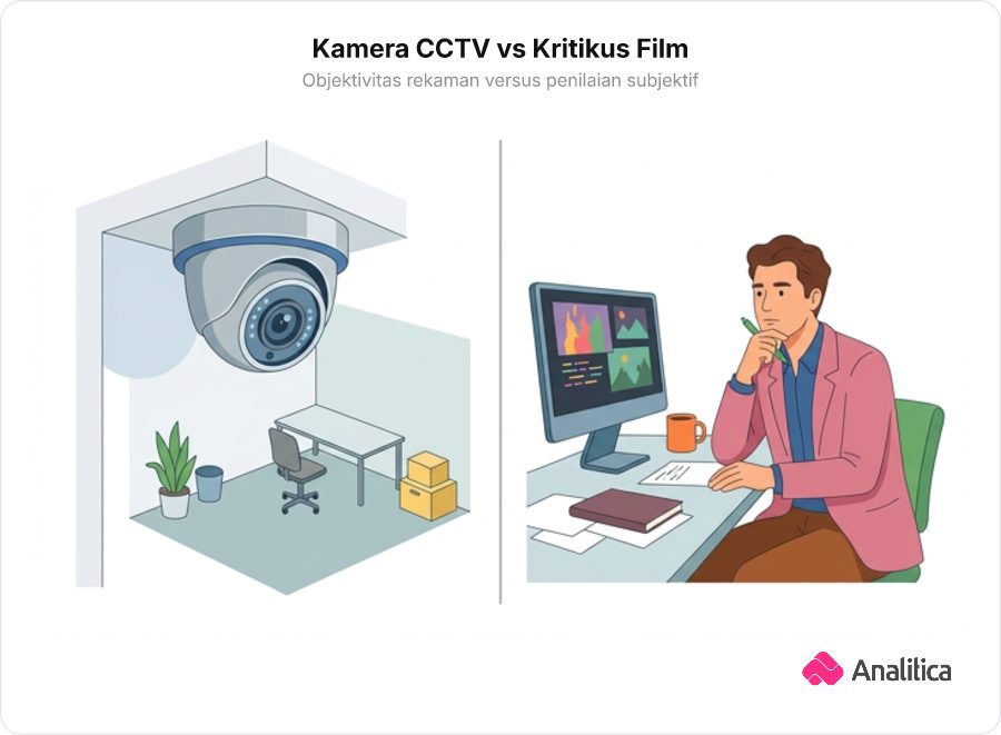 Ilustrasi analogi kamera CCTV di satu sisi dan seorang kritikus film di sisi lain