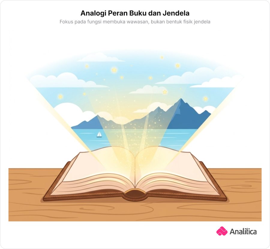Ilustrasi buku terbuka yang memancarkan cahaya pemandangan dunia sebagai analogi fungsi jendela wawasan.