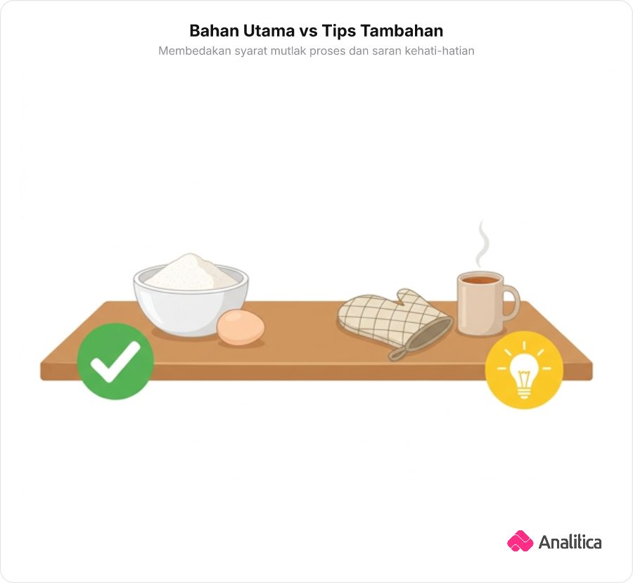 Ilustrasi analogi resep yang membedakan bahan wajib dan tips saran penyajian.