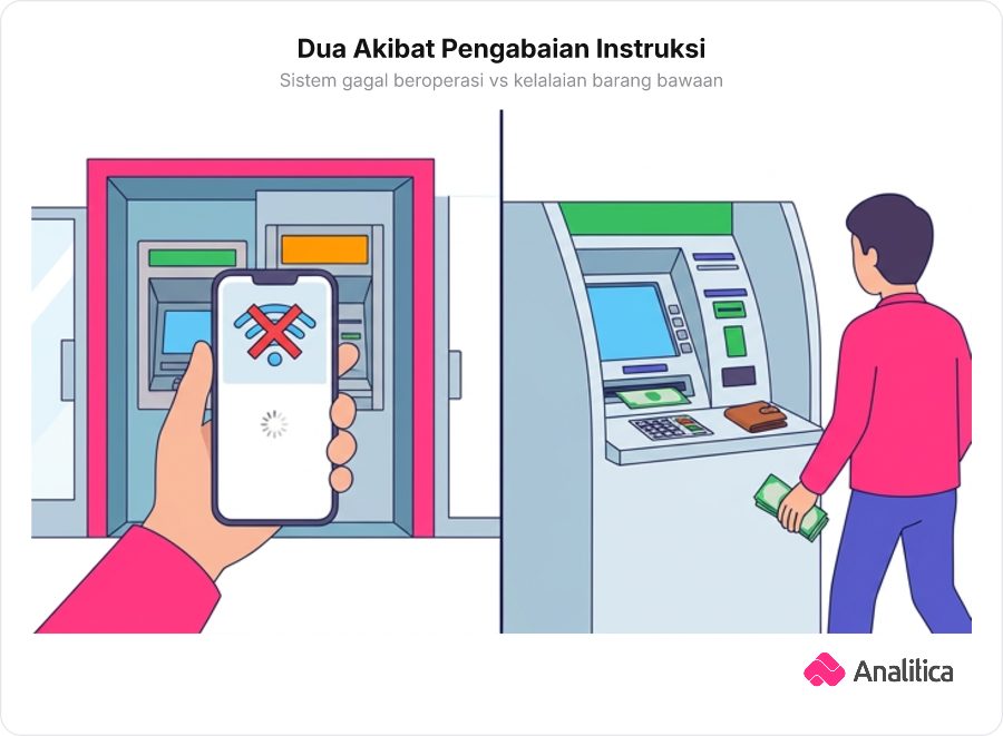 Perbandingan dampak ketika langkah prasyarat diabaikan vs ketika saran keamanan diabaikan.