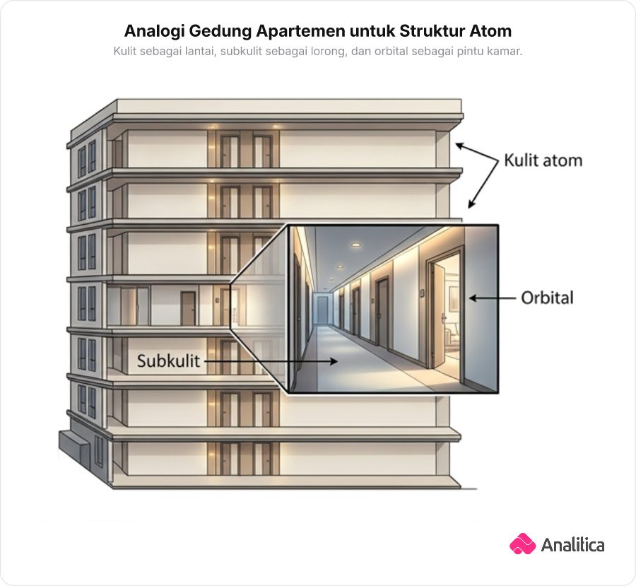 Ilustrasi analogi gedung apartemen yang menggambarkan hierarki kulit, subkulit, dan orbital atom