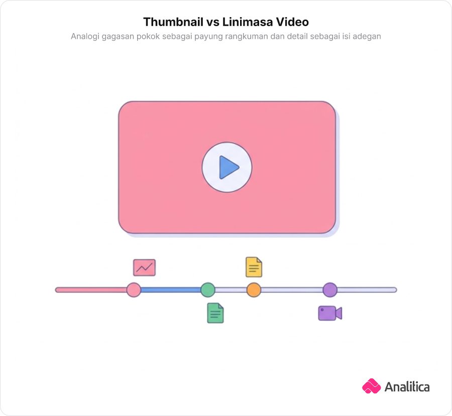 Ilustrasi antarmuka pemutar video dengan kartu thumbnail di atas dan linimasa rincian adegan di bawahnya.
