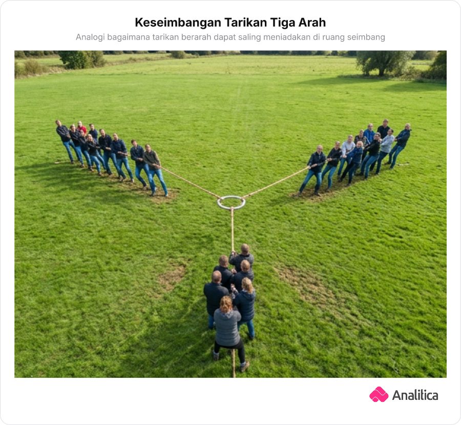 Ilustrasi tiga tim menarik objek bundar dari tiga arah berjarak sama dalam permainan tarik tambang seimbang.