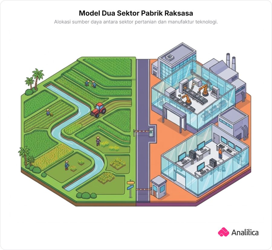 Ilustrasi isometrik kawasan industri raksasa terbagi dua antara ladang pertanian padi tradisional dan pabrik perakitan komputer modern.