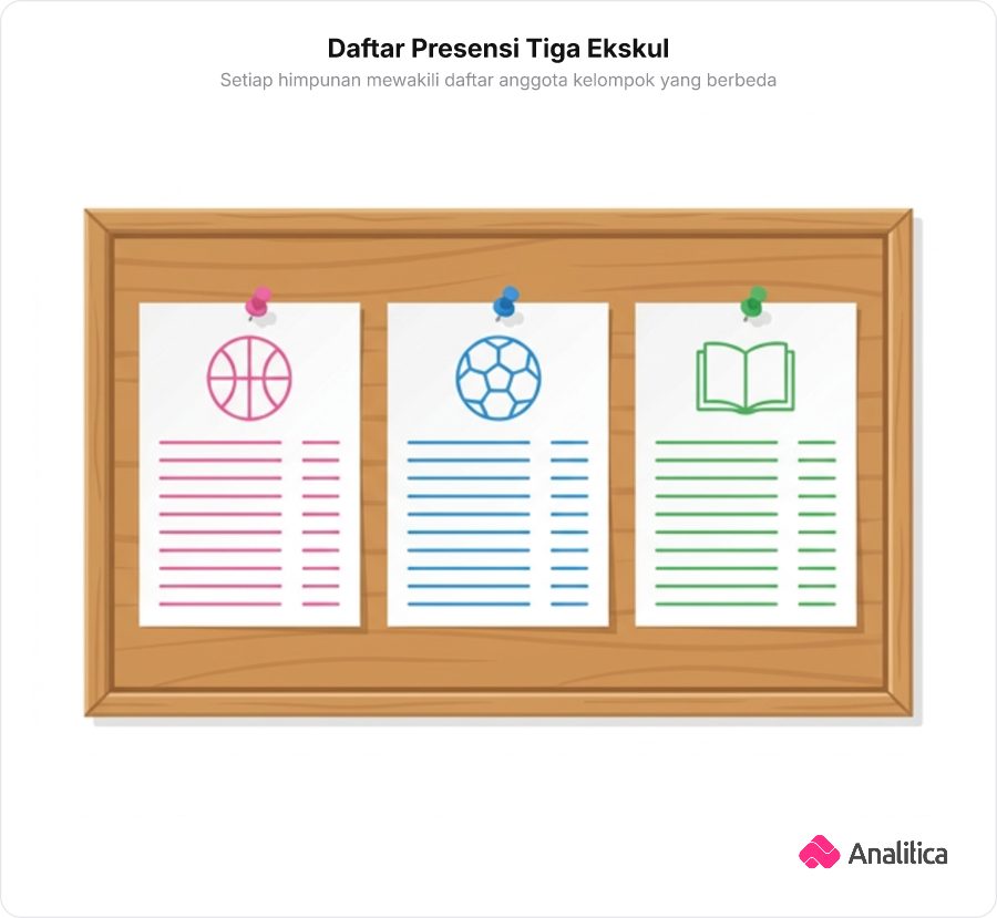 Ilustrasi papan pengumuman sekolah kayu dengan tiga lembar kertas presensi ekskul yang terpasang rapi.