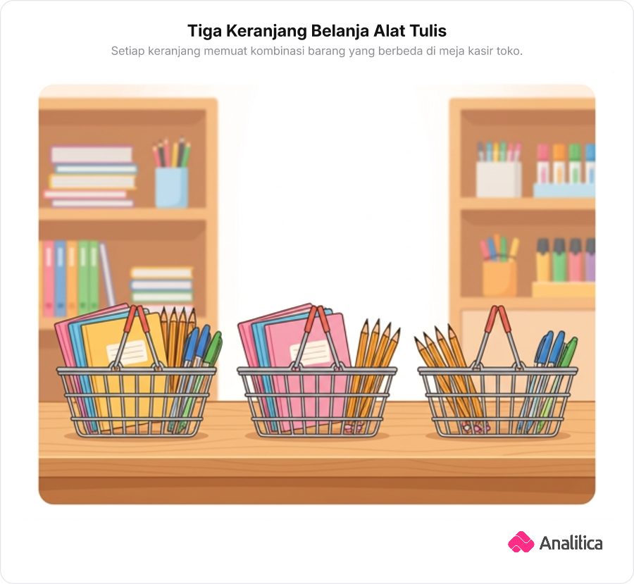 Tiga keranjang belanja di atas meja kasir toko alat tulis, keranjang pertama berisi buku, pensil, dan bolpoin lengkap, sementara dua keranjang lainnya hanya berisi dua jenis barang.