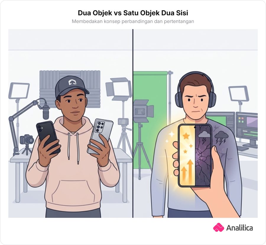 Ilustrasi analogi perbandingan dua objek versus pertentangan dua sisi pada satu objek.