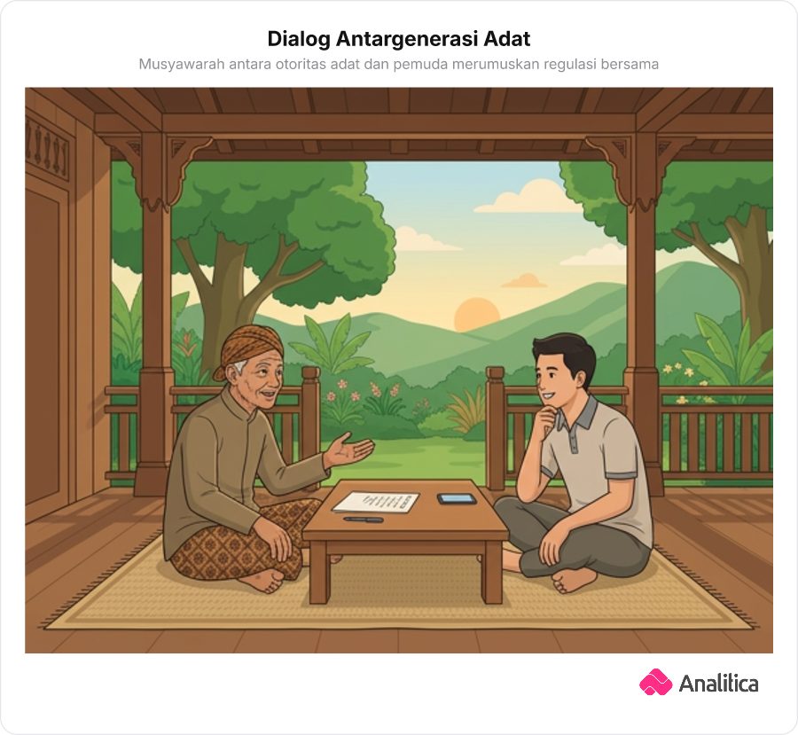 Ilustrasi dialog antara tetua adat dan pemuda merumuskan aturan bersama di beranda kayu tradisional