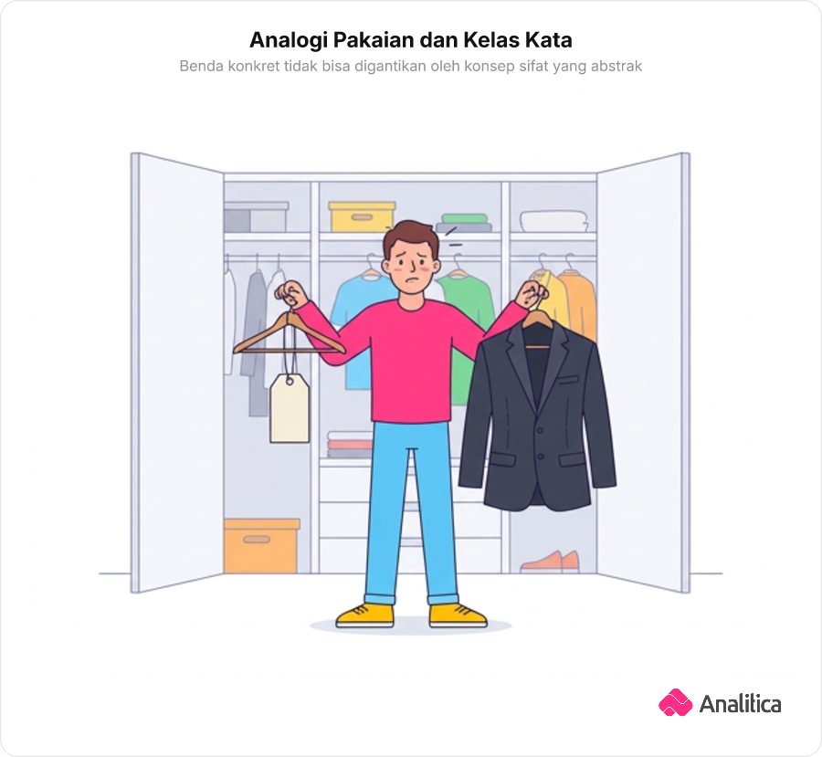 Ilustrasi seseorang bingung memegang jas formal dan sebuah label kosong di gantungan pakaian