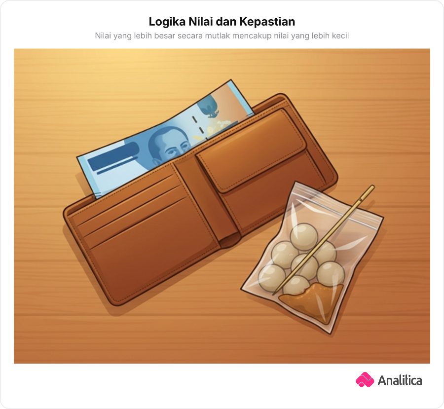 Ilustrasi dompet kulit terbuka memperlihatkan selembar uang kertas bernilai besar dengan latar belakang barang belanjaan bernilai lebih kecil.