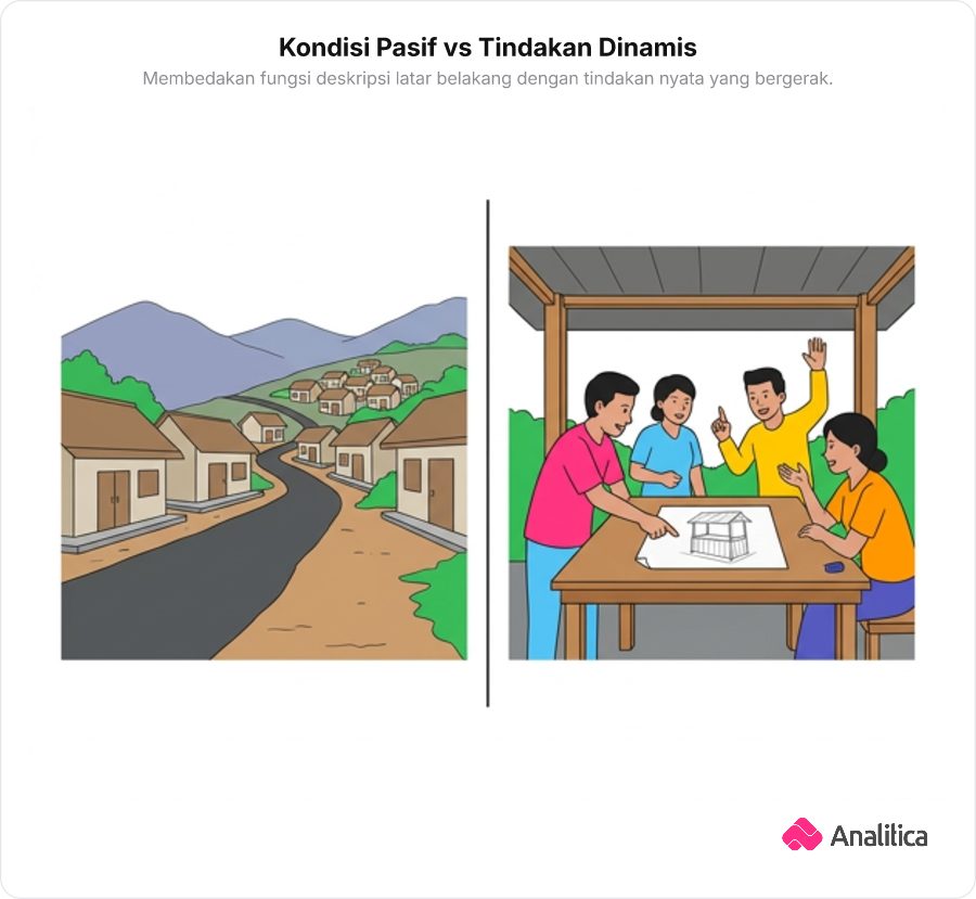 Perbandingan visual antara desa sepi tanpa aktivitas sebagai latar belakang pasif dengan warga desa yang sedang aktif berdiskusi merancang pembangunan warung sebagai aksi proses.