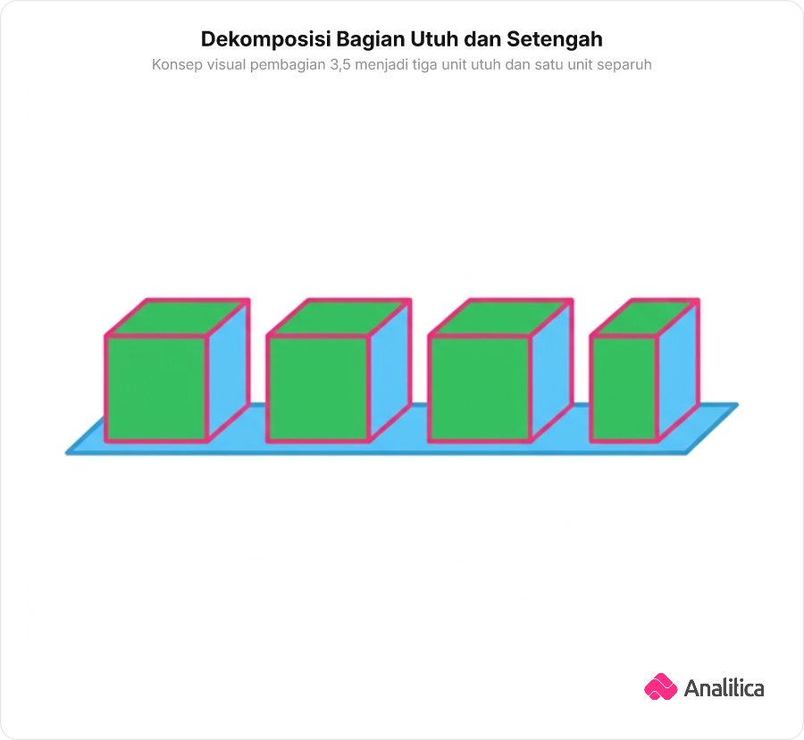 Ilustrasi tiga blok balok utuh seragam dan satu balok berukuran setengah yang berjajar rapi membentuk kesatuan bangun
